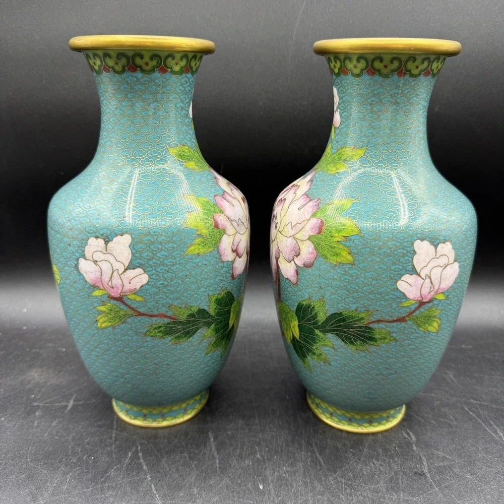 Vintage Chinese Teal Blue Cloisonne Enamel Brass Table Vases Pair Floral Birds - Picture 3 of 11